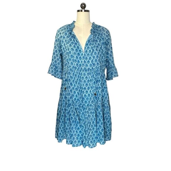 Oliphant Blue Floral Flutter Sleeve Dropped Tiered Mini Dress | L - Picture 1 of 9
